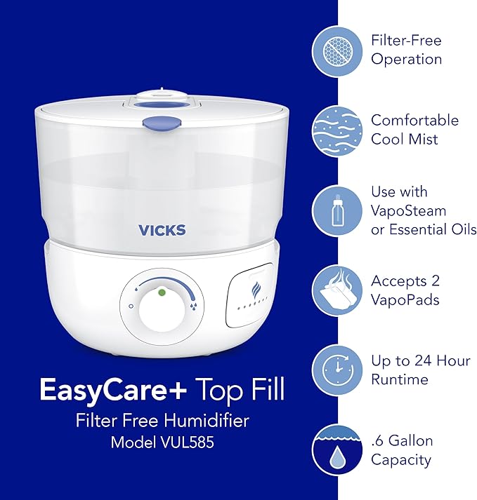 Vicks EasyCare Plus Top Fill Filter-Free Cool Mist Humidifier, Small Room–For Vapors 2 Ways –Works with Vicks VapoPads and VapoSteam, White - Image 7