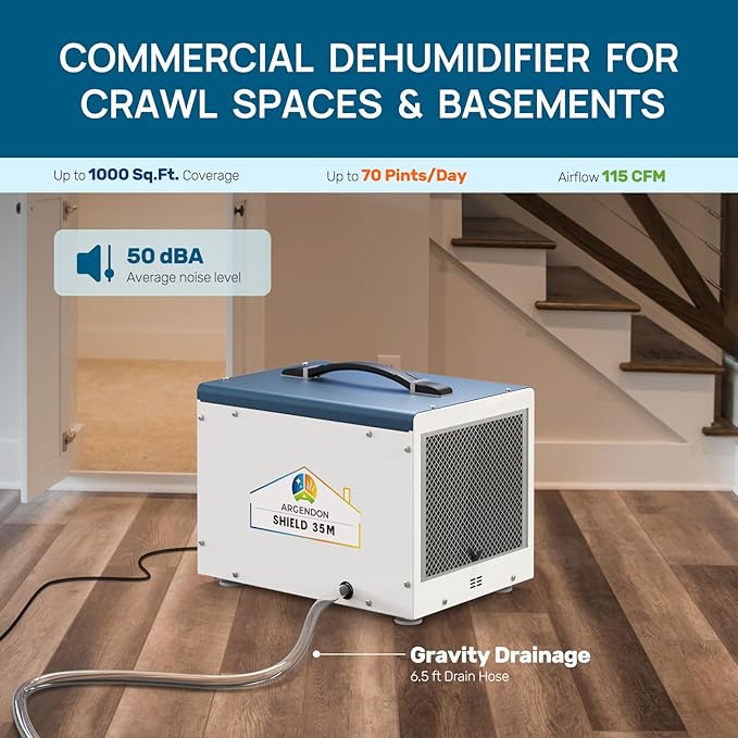 ARGENDON Dehumidifier for Crawlspace Basement, Commercial Dehumidifier with Drain Hose 70 PPD, Compact, Ideal for Water Damage Storage Up to 1000 Sq Ft, 5-Year Limited Warranty - Image 3