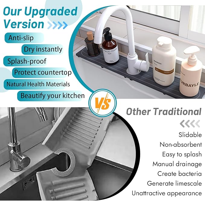 Fast Drying Stone Faucet Mat for Kitchen Sink with Raised Feet, Water Absorbent Diatomite Stone Sink Tray, Faucet Sink Splash Guard, Prevents Moisture Buildup, Durable Protector for Bathroom Counter - Image 8