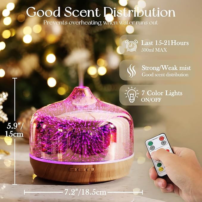 Porseme 500ml Glass Essential Oil Diffuser Aromatherapy Ultrasonic Cool Mist Humidifier 15-21 Running Hours Diffusers with Remote Control for Sleeping Office Working Yoga Rest and Spa - Image 3