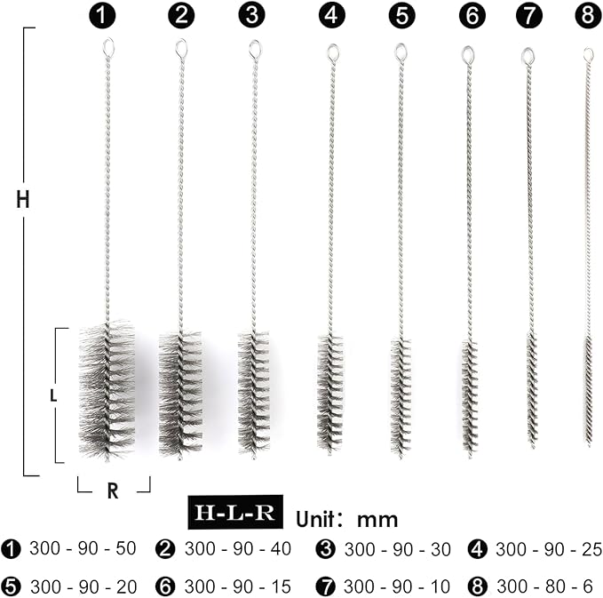 12 Inch Pipe Cleaning Brush Set with Stainless Steel Bristles, Tube Bottle Brush Kit, 8 Sizes for Auto Parts, Bottles, Guns, Tubes, Etc. - Image 2