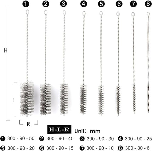 12 Inch Pipe Cleaning Brush Set with Stainless Steel Bristles, Tube Bottle Brush Kit, 8 Sizes for Auto Parts, Bottles, Guns, Tubes, Etc. - Image 2