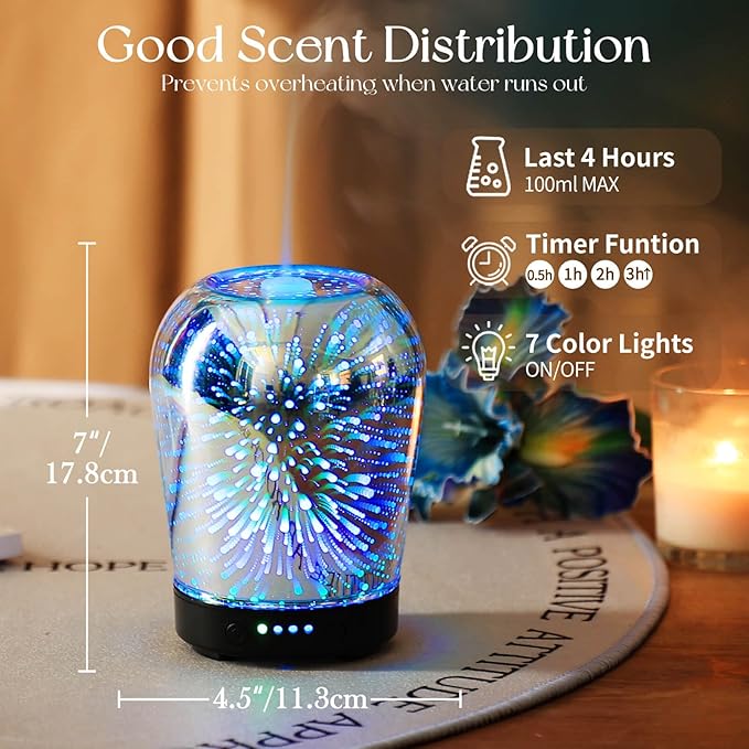 Porseme Essential Oil Diffuser, Aromatherapy Ultrasonic Cool Mist Humidifier, 3D Effect Glass, Auto Shut-Off, Timer Setting,100ml Aroma Decoration for Home, Office, Gym, Spa, Premium Gift - Image 3