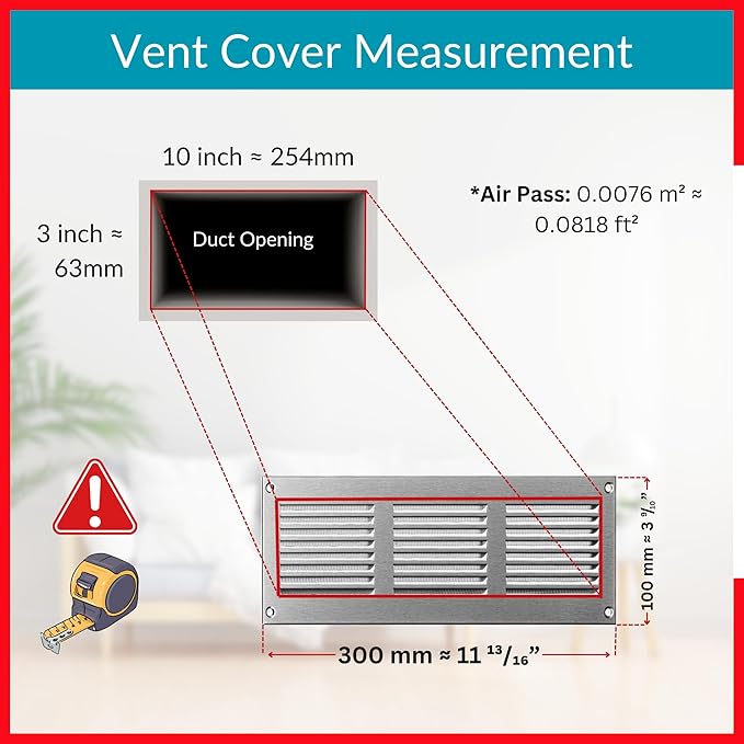 10x2 Vent Cover (Duct Opening) - HVAC Return Air Grille for Wall and Ceiling - Stainless Steel AC Vent Cover with Mesh - Rectangular Ventilation Register - Overall Size: 11.81" W x 3.94" H - Image 6
