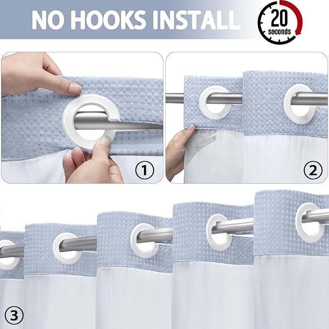 No Hook Shower Curtain and Liner Set,Mist Blue Hotel Waffle Shower Curtain with Liner 75" L x 72" W - Image 2