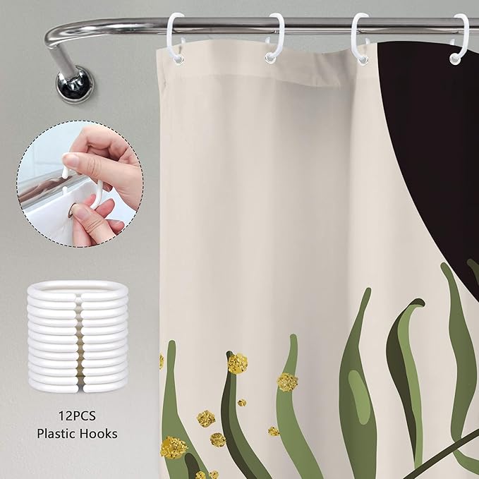 Dark Green Boho Shower Curtain 72Wx72H Black Bohemian Modern Abstract Plant Leaves Minimalist Geometric Bathroom Decor Mid Century Plant Neutral Bath Curtain Fabric Polyester 12 Pack Hooks - Image 6