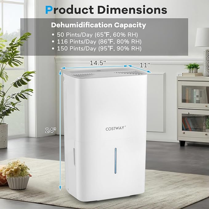COSTWAY 150 Pints Dehumidifier with Pump, 7000 Sq.Ft Portable Home Dehumidifier for Basements with 2 Modes & 3 Fan Speeds, 2.4 Gallon Tank,16.4 FT Pump Drain Hose - Image 7