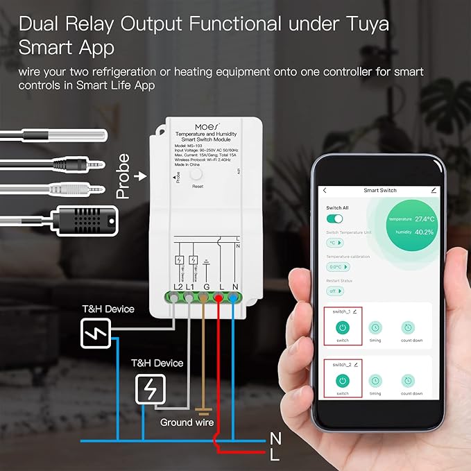 MOES WiFi Smart Temperature Switch Module Sensor with Waterproof Probe, Dual Relay Output Controller, Smart Life Tuya App Remote Control, Programmable Thermostats Kit Works with Alexa Google Assistant - Image 2