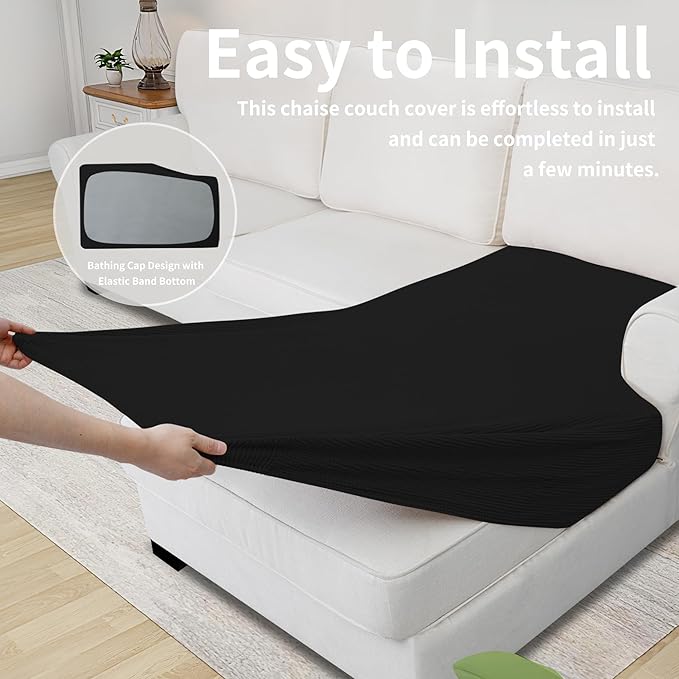 Easy-Going Stretch Sectional Couch Covers 1 Piece Chaise Lounge Slipcover L Shape Separate Cushion Couch Seat Chaise Cover for Both Left/Right Sectional Couch Black - Image 6