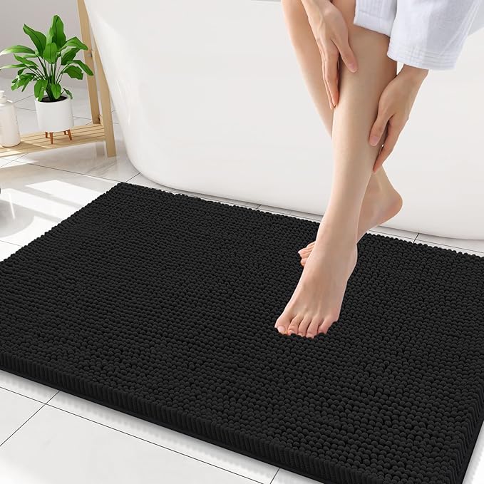 Smiry Luxury Chenille Bathroom Rugs 34x21, Extra Soft and Absorbent Shaggy Bath Mat, Machine Washable, Non-Slip Plush Carpet Runner for Tub, Shower, and Floor, Home Decor Accessories, Black by Smiry