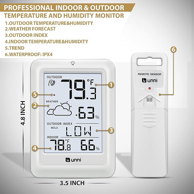 Indoor Outdoor Thermometer Wireless Weather Station, Temperature Humidity Monitor Battery Powered Inside Outside Thermometers with 330ft Range Remote Sensor and Backlight Display（WH01） - Image 5