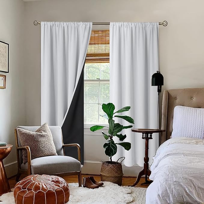 BGment Thermal Insulated 100% Blackout Curtains for Bedroom with Black Liner, Double Layer Full Room Darkening Noise Reducing Rod Pocket Curtain (52 x 72 Inch, Greyish White, 2 Panels) - Image 2
