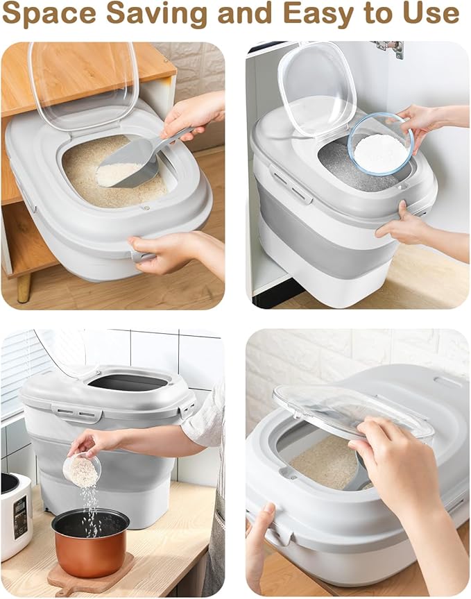 20-50 Lbs Food Storage Container With Wheel, Airtight Locking Lid, Collapsible Rice Container, Flour Storage With Small Container and Scoop, Suitable for Pet Food - Image 5