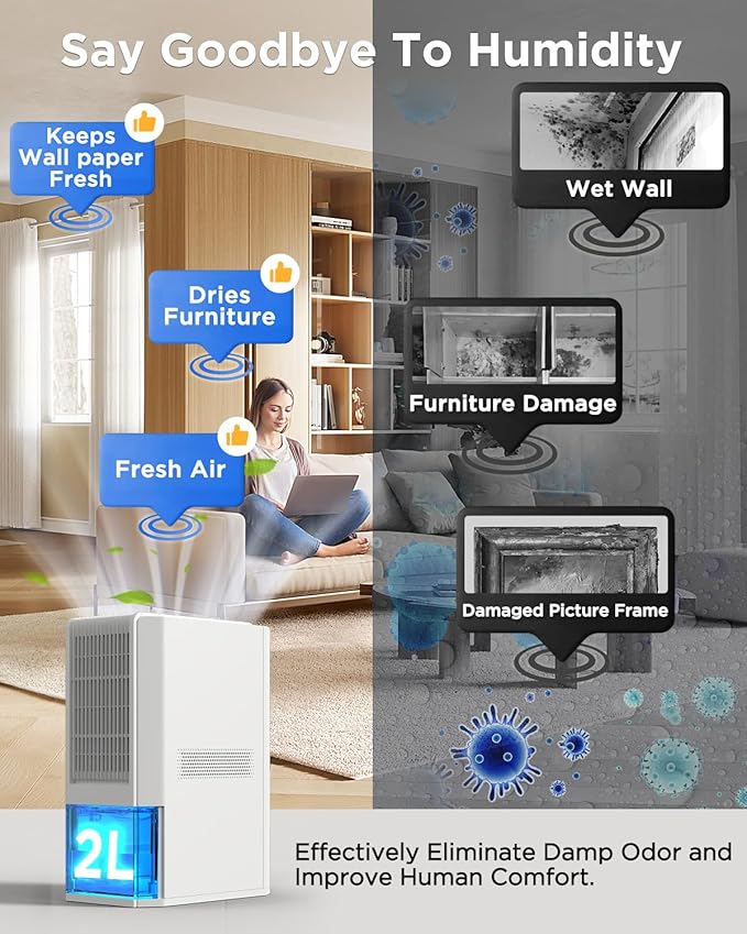 Max 45 oz/Day Dehumidifier for Home 1100 Sq Ft, EasyAcc Dehumidifiers for Bedroom Basement Bathroom,Quiet Dehumidifier for RV Low-Temp Dehumidification Tech/Auto Shut Off/68OZ Tank/85W/7 LED - Image 8