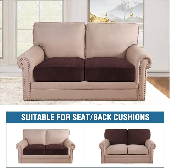 H.VERSAILTEX Velvet Stretch Couch Cushion Cover Plush Cushion Slipcover for Chair Loveseat Sofa Cushion Furniture Protector Seat Cushion Sofa Cover (2 Piece Medium Sofa Cushion Covers, Brown) - Image 3