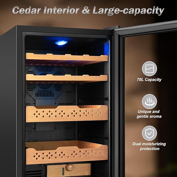 Electric Humidor-70L Cooling & Heating Humidor Smart Touch Control Humidity & Temp, Humidors wtih Spanish Cedar Wood Tray and Drawer, Digital Display, Safety Lock, Desktop Gift for Men - Image 3