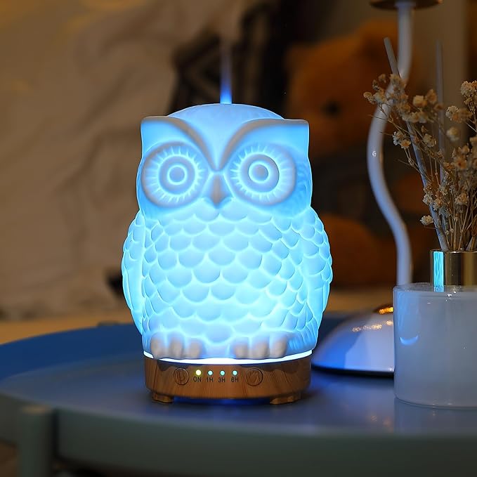 Owl Ceramic Aromatherapy Diffuser INRORANS 160ml Stone ultrasonic Cool Mist Scent Essential Oil Diffuser Humidifier with Intermittent Mist & LED 7 Colors Changing Night Light for Bedroom Office Home - Image 7