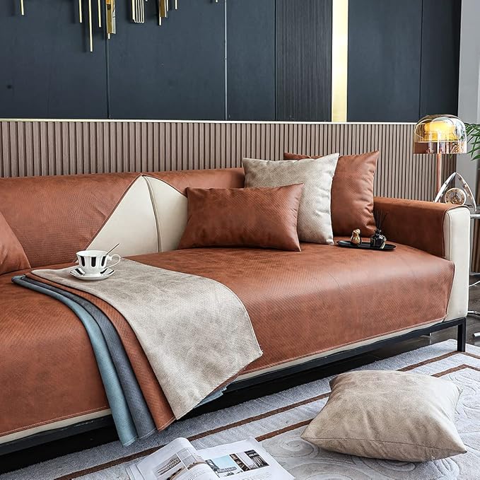 Faux Leather Waterproof Couch Sofa Cover Vintage PU Sectional Couch Cover Non Slip Sofa Slipcover Furniture Protector for Kids Dogs Cats (Brown,43"x63") - Image 5