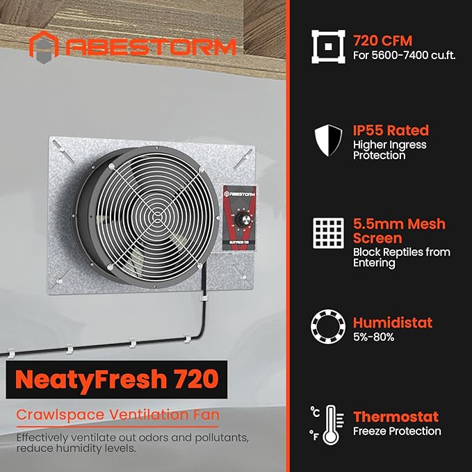 Abestorm 720CFM High Air Flow Crawlspace Ventilation Fan, IP55 Rated 10" Vent Fan with Humidistat Freeze Protection Thermostat for Crawl Space, Basement, Garage, Attic with Isolation Mesh - Image 4