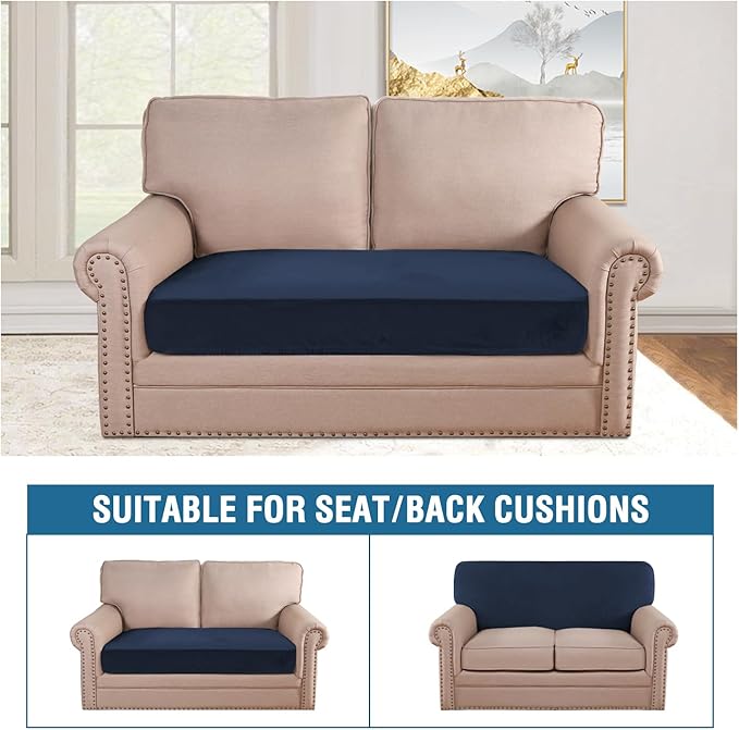 H.VERSAILTEX Velvet Stretch Individual Couch Cushion Cover Plush Slipcover for Loveseat Sofa Furniture Protector Seat Cover (1 Piece Loveseat Cushion Cover, Navy) - Image 3