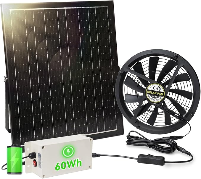 Solar Exhaust Fan with Battery, 40W 10" Solar Powered Fans for Greenhouse with 60Wh Battery Run Day & Night, Solar Vent Fan for Shed Chicken Coop Dog House Outside, Waterproof & Low Noise by SolarStreetLight