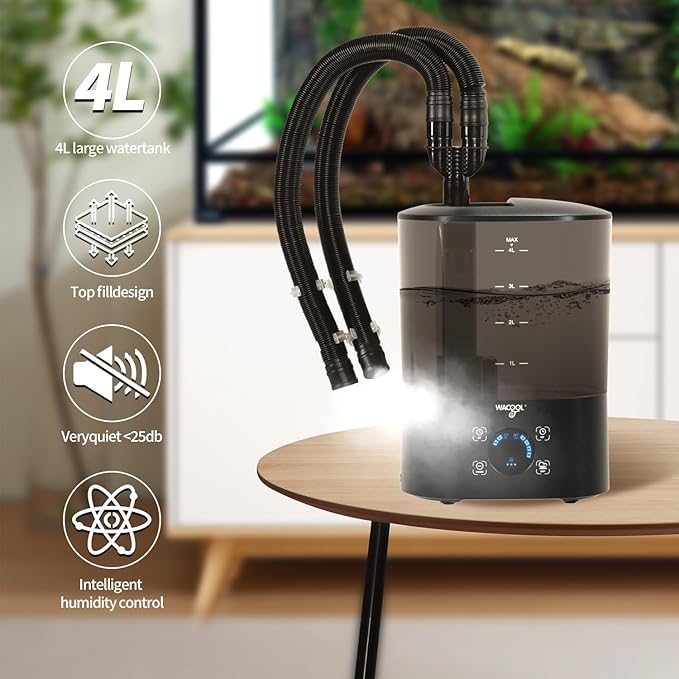 WACOOL Upgraded Digital Timing Reptile Fogger, 4L No Leak Reptile Humidifier with 2 Hose, Top Filling Automatic Terrarium Humidifier Fogger for Reptile Use - Image 2