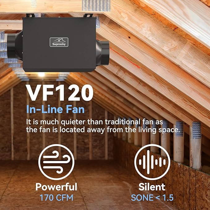 170CFM Ultra Quiet Bathroom Exhaust Fan, Remote Mount In Line Fan VF120, Exhaust Ventilation Fan for Bathroom, Kitchen, Garage and ResidentialVentilation Applications, Black - Image 3