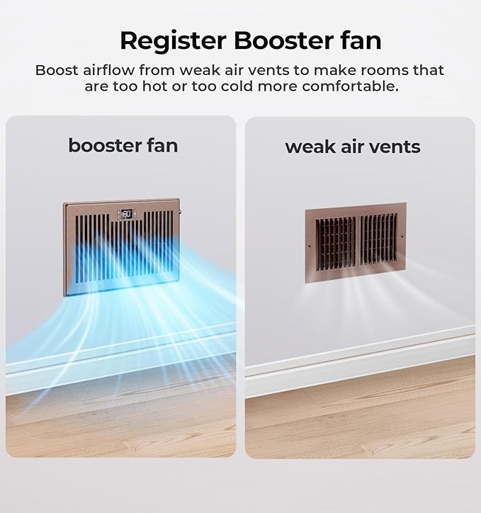Quiet Register Booster Fan Fits 6" x 10" Register Holes, 10-Speed Smart Heating Cooling AC Vent Fan with Remote Control and Thermostat Control - Bronze - Image 2