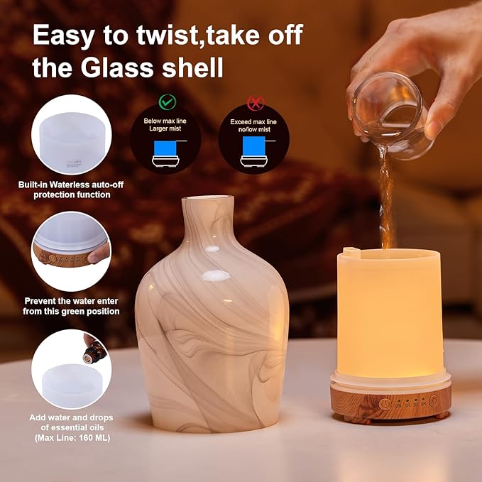 Classical Vase Art Glass Aromatherapy Diffuser 160ml ultrasonic Cool Mist Scent Aroma Essential Oil Diffu er Humidifier with Intermittent Mist & LED 7 Colorful Changing Night Light for Bedroom - Image 5