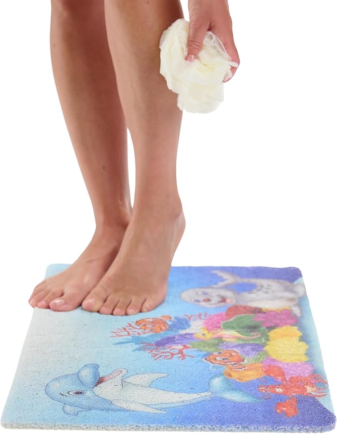 ENKOSI Loofah Non-Slip Shower and Bath Mat - Soft Cushioned Comfort - No Suction Cups for Smooth or Textured Tubs - Fast Draining - Safety for Bathroom, Family, Kids, and Elderly (24x16 Dolphin) by ENKOSI