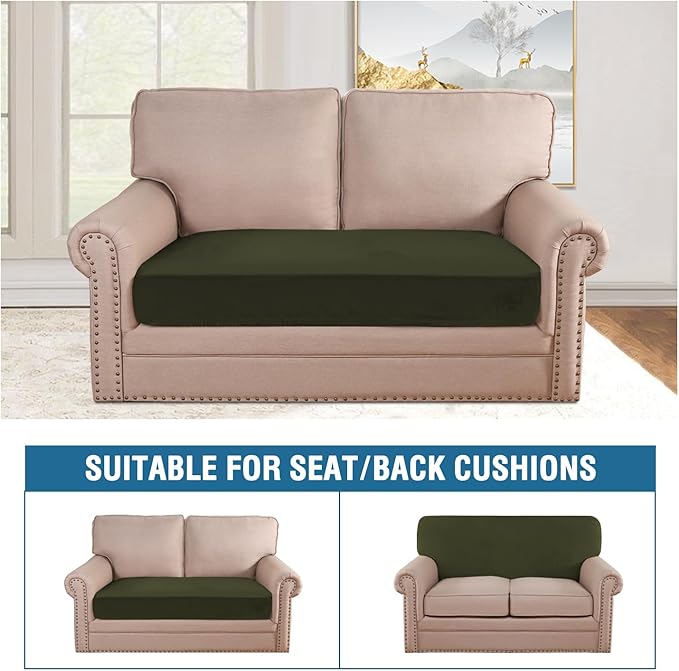 H.VERSAILTEX Velvet Stretch Individual Cushion Cover Plush Cushion Slipcover for Loveseat Sofa Furniture Protector Seat Cushion Sofa Cover (1 Piece Loveseat Cushion Cover, Olive) - Image 3
