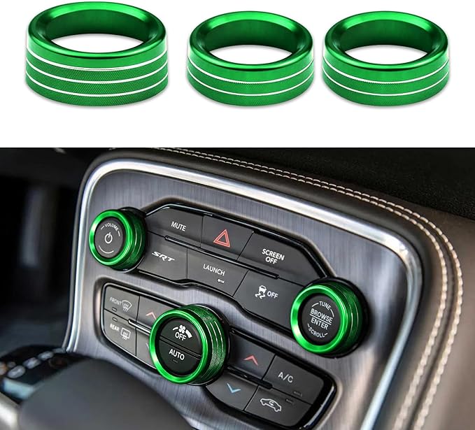 3PCS Air Conditioner Switch Button Knob Cover, Auto Accessories Climate Control Knob Covers, Aluminum Alloy Knob Ring Trim Cover Compatible with Dodge Challenger Durango 2015-2022 (Green) by Unknown