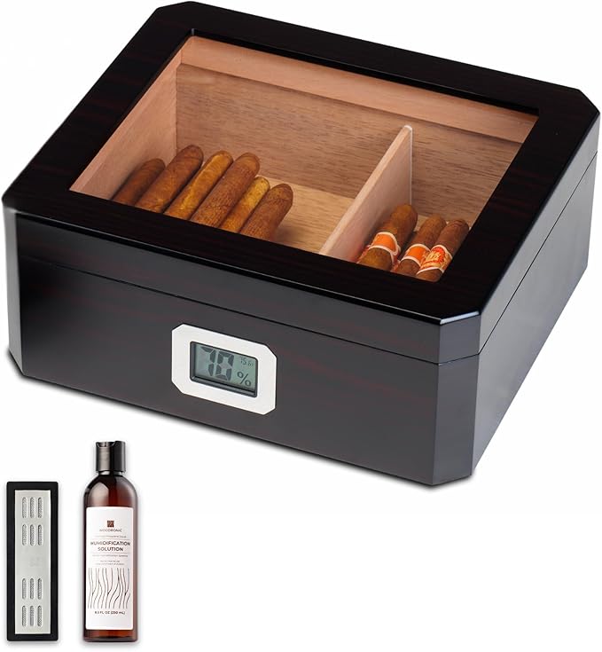 Woodronic Cigar Humidor for 50 Counts with Digital Hygrometer, Crystal Gel Humidifier & Humidor Solution, Spanish Cedar Lined and Divider, Desktop Cigar Box Gift for Men by Woodronic