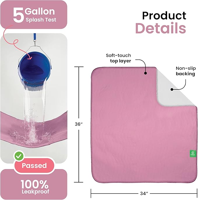 IMPROVIA® Washable Underpads, Heavy Absorbency Reusable Incontinence Pads for Kids, Adults, Elderly, and Pets, Waterproof Protection Floor (Pink and White, 34" x 36" - Pack of 4) - Image 3