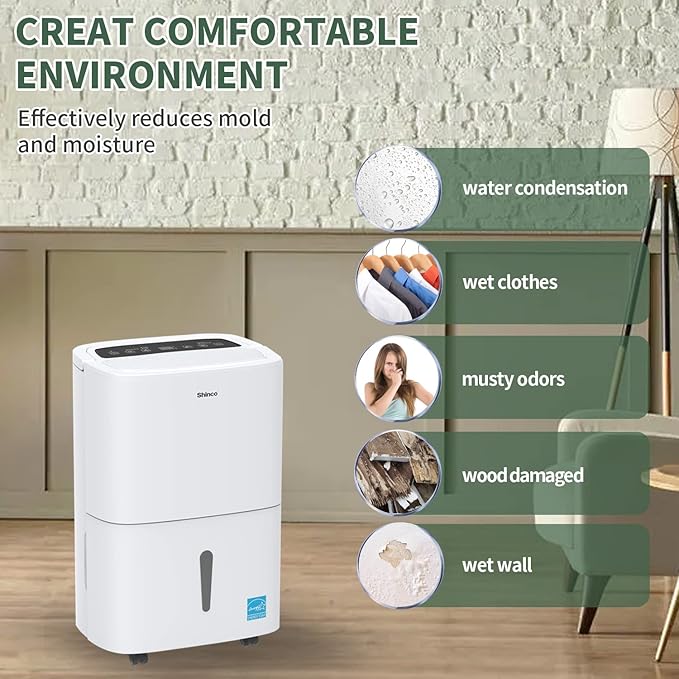 Shinco 6,000 Sq.Ft Energy Star Dehumidifier with WIFI, Ideal for Large Rooms and Home Basements, Efficient Moisture Removal with Adjustable Humidity Control, 1.32 Gallons Water Tank - Image 8