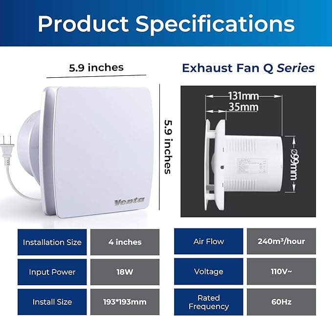 Venta 4 Inch Exhaust Fan – 1.5 Sones, Quiet Wall Mount Bathroom Exhaust Fan – Powerful 56 CFM Airflow, Anti-Backflow, Energy-Efficient - For Kitchen, Garage, Office - White - Image 2
