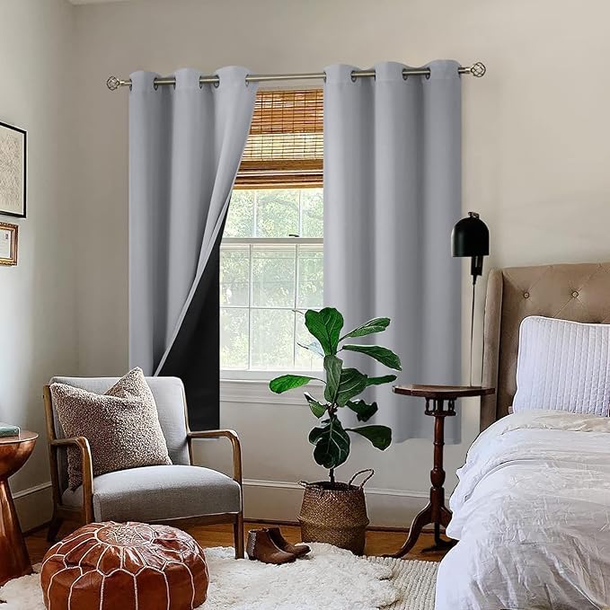 BGment Thermal Insulated 100% Blackout Curtains for Bedroom with Black Liner, Double Layer Full Room Darkening Noise Reducing Grommet Curtain (46 x 72 Inch, Light Grey, 2 Panels) - Image 2