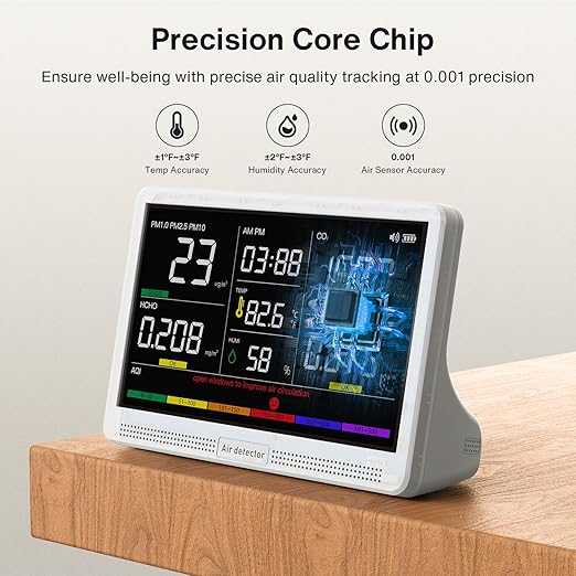 Upgrade Extended 12-Hour Battery Life 16 in 1 Air Quality Monitor Indoor with 7" Display, Professional Air Quality Meter for CO2, TVOC, PM2.5, PM1.0, PM10, HCHO, Temperature, Humidity, AQI & Time - Image 6