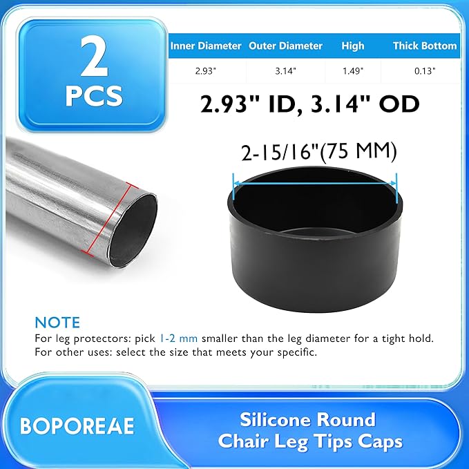 2 Pcs 2-15/16" (75 mm) Round Chair Leg Tips Caps, Silicone Rubber Furniture Leg Floor Protectors, Reduce Noise Folding Metal Chair Leg Cap Replacement for Bar Stool Leg Patio Indoor, Black - Image 9