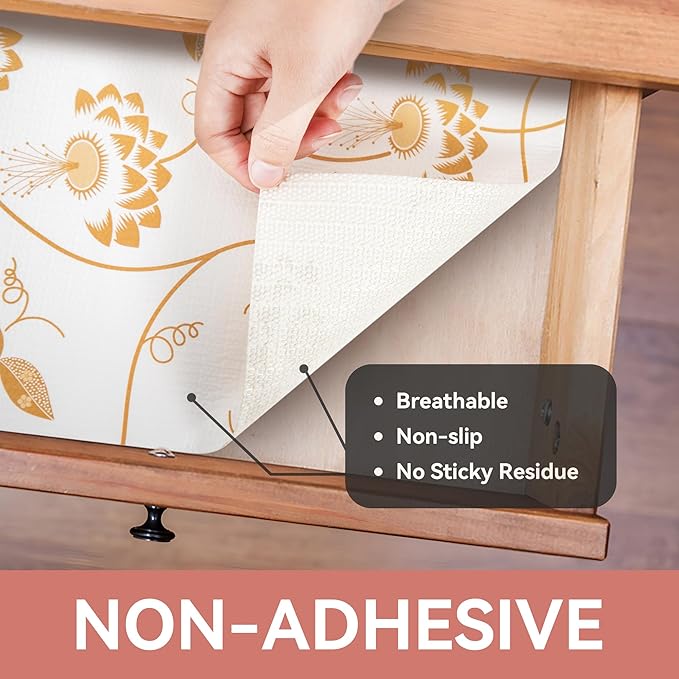 RAY STAR Shelf Liner, Non Adhesive Golden Leaves Floral Kitchen Cabinet Liner for Pantry Drawer Vanity, Strong Grip Non Slip, Shelf Liners for Kitchen Cabinets Cupboard 18 Inch x 8 FT (5 Rolls) - Image 8