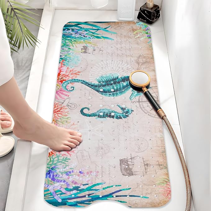 Ocean Bathtub Mat Non Slip, Cute Baby Bath Mat for Tub Rubber Tub Mat, Seahorse Coral Toddler Kids Bath Mats for Bathroom Anti Slip Shower Mat with Suction and Drain Holes Machine Washable, 40″x16″ - Image 3