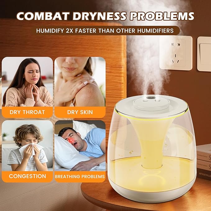Humidifiers for Bedroom, 3 L Cool Mist Top-Fill 40H Super Long Time, 23dB Quiet, Baby Humidifier, Oil Diffuser for Large Room, Plants, Nursery, Office, 7 Color Light Ultrasonic (white) - Image 7