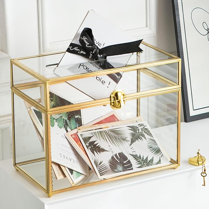 Glass Wedding Card Box with Slot, 10.2 inch Clear Card Box Gold Brass Gift Card Storage Box with Lock Perfect for Wedding Receptions, Baby Shower, Birthday Party, Bridal Shower by Giadun