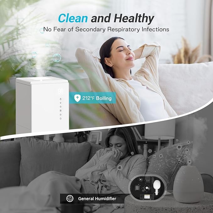 6L Stainless Steel Warm Mist Humidifier with Easy Clean and Warm Steam Function, Healthy Air Mist Humidifiers for Bedroom Living Room, with Sleep Mode and Auto-off Setting - Image 3