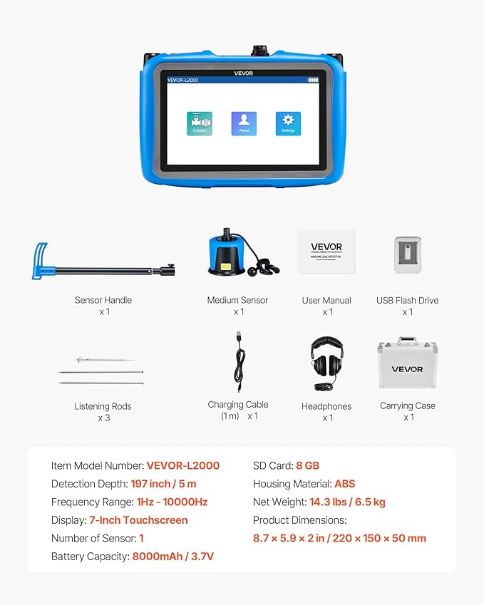 VEVOR Pipe Water Leak Detector for Outdoors, 1Hz-10000Hz, 7" Touchscreen Water Leakage Detection Locator for 16.4FT (5m) Underground Plumbing - with Medium Sensor, 3 Listening Rods, Headphone & Case - Image 7