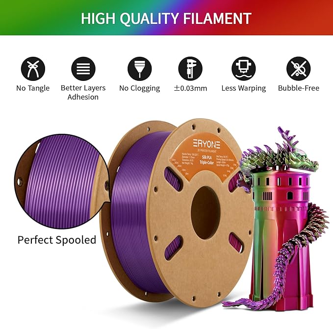 ERYONE Silk Tri Color PLA Filament 3D Printer 1.75mm +/- 0.03mm, Multicolor Filament Tricolor PLA 1KG(2.2lbs) Cardboard Spool, Red Purple Green - Image 5