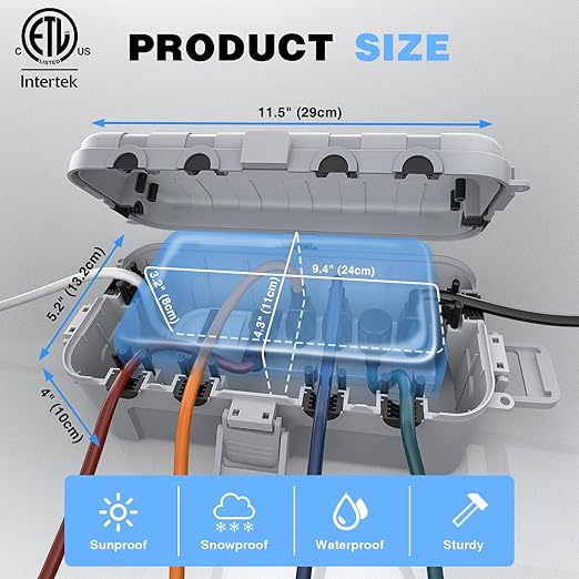 Flemoon Medium Outdoor Electrical Box (11.5x5.2x4 inch), IP54 Waterproof Extension Cord Cover w/6 Cable Entry Ports, Weatherproof Connection Box for Power Strip, Timer, Holiday Lights, Light Grey - Image 3