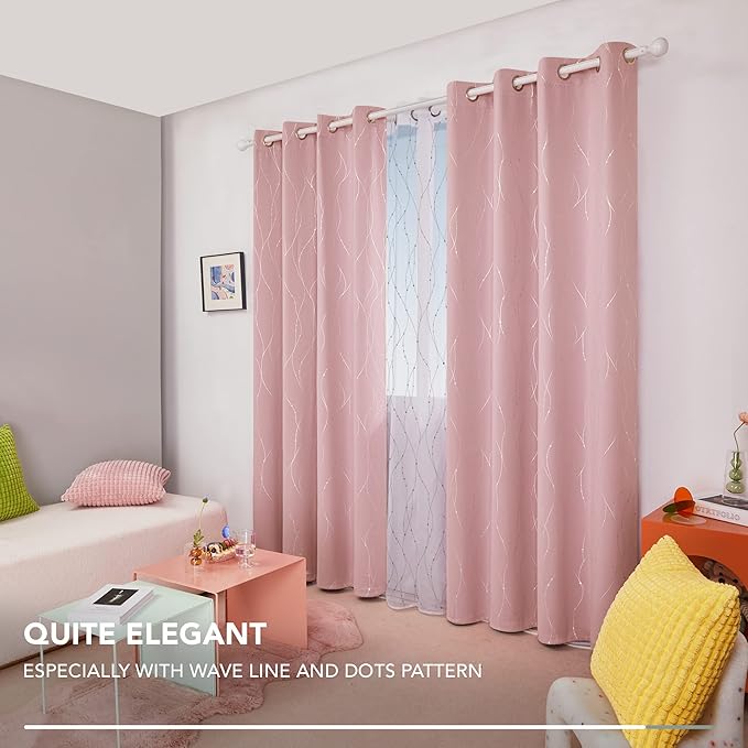 Deconovo Pink Blackout Curtains for Bedroom, Thermal Insulated Soundproof Pravicy Curtain, Silver Wave Dots Print, 52 x 108 Inch Long, Machine Washable Window Panels for Kids Room Nursery, Set of 2 - Image 5