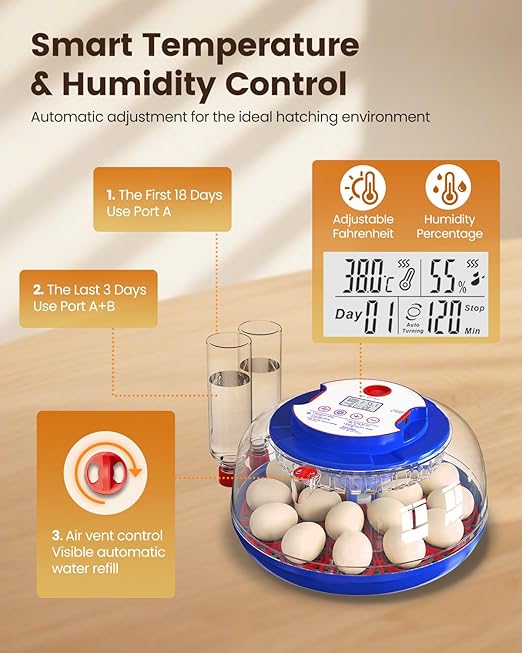 Incubators for Hatching Eggs, 18 Eggs Incubators with Egg Candler, Automatic Egg Turner, Temperature & Humidity Control, Full Viewing for Chicken, Duck, Quail, Goose, Parrot and Pigeon - Image 6