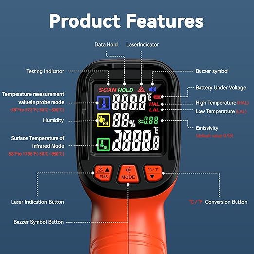 Infrared Thermometer Gun, Include K-Type Probe for Humidity, -58°F to 1796° F Digital Laser Temperature Gun for Cooking, 16:1 IR Temp Gun for Griddle, Pizza Oven, Engine, HVAC, Industrial & Home Use - Image 5